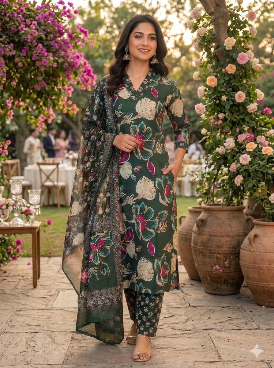 Emerald Green Floral Printed Set with Dupatta