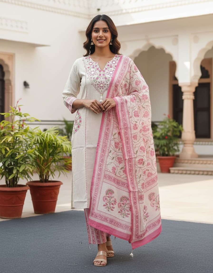 Soft cream kurta with pink floral embroidery & Dupatta