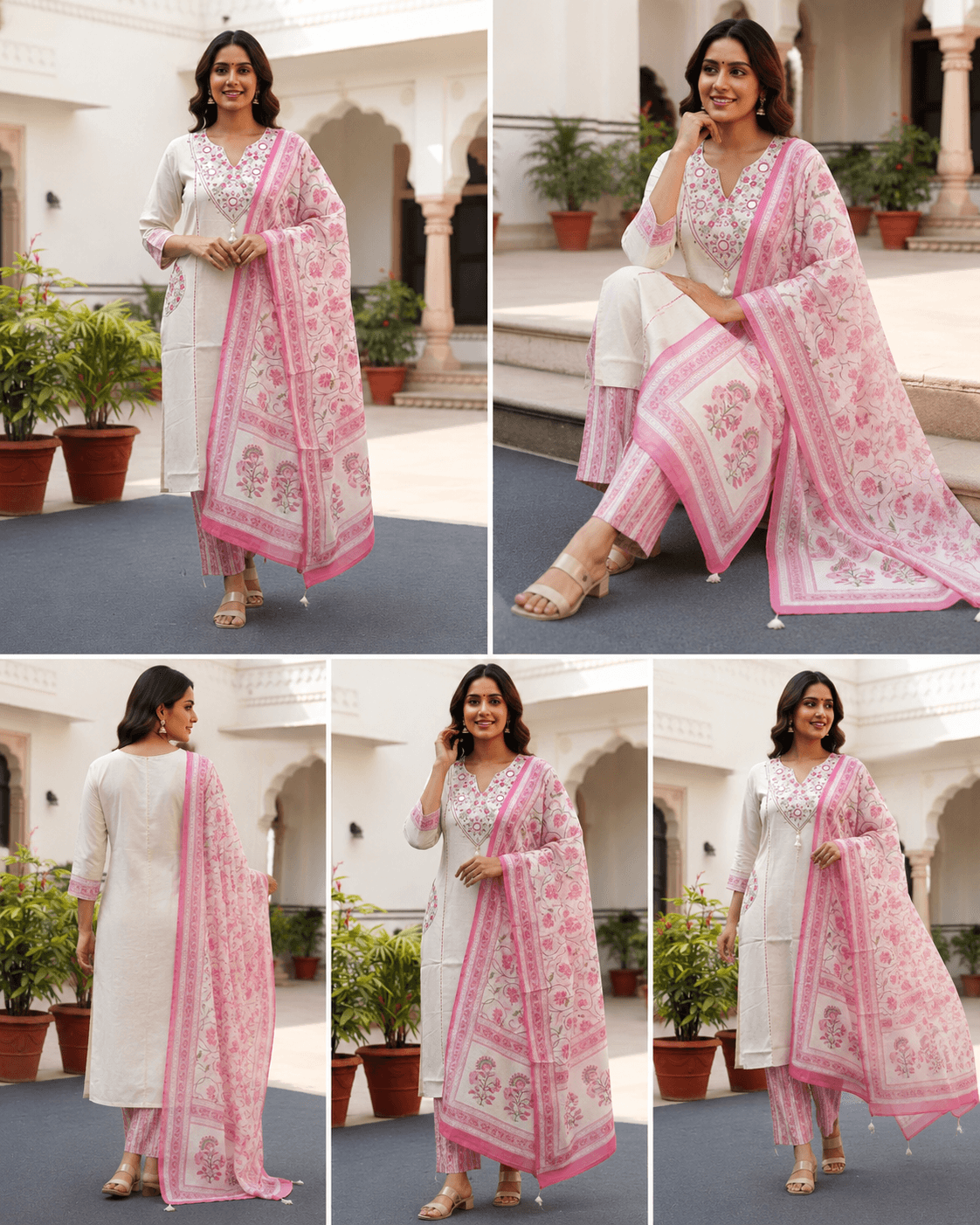 Soft cream kurta with pink floral embroidery & Dupatta image 2