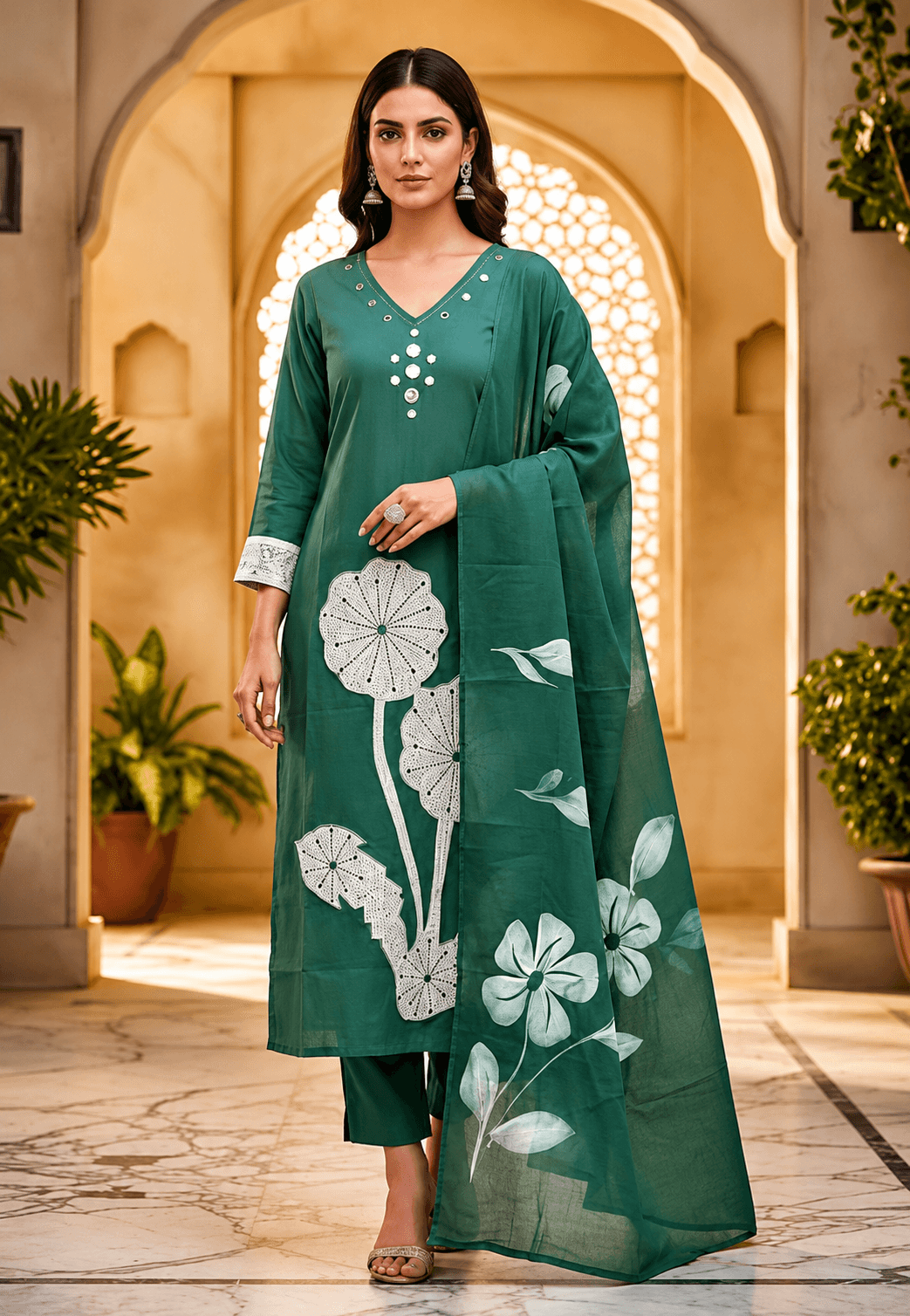 Elegant Green Printed Kurta Pant Set with Dupatta