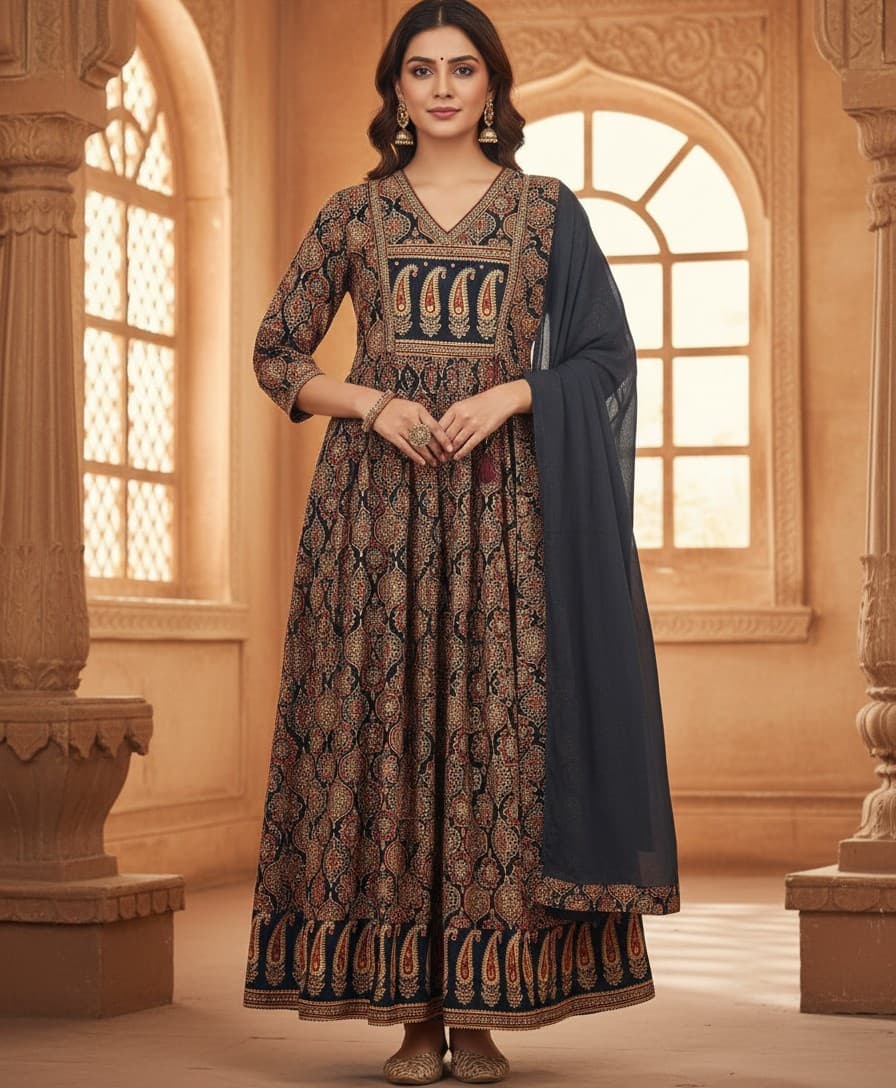 Model wearing a black printed anarkali with dupatta