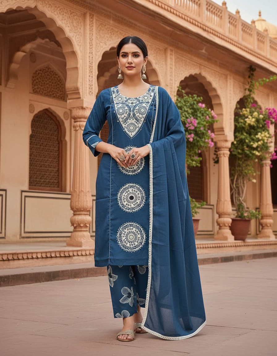 Model wearing a blue embroidered suit set with dupatta