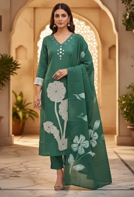 Model wearing a green kurti set with floral dupatta