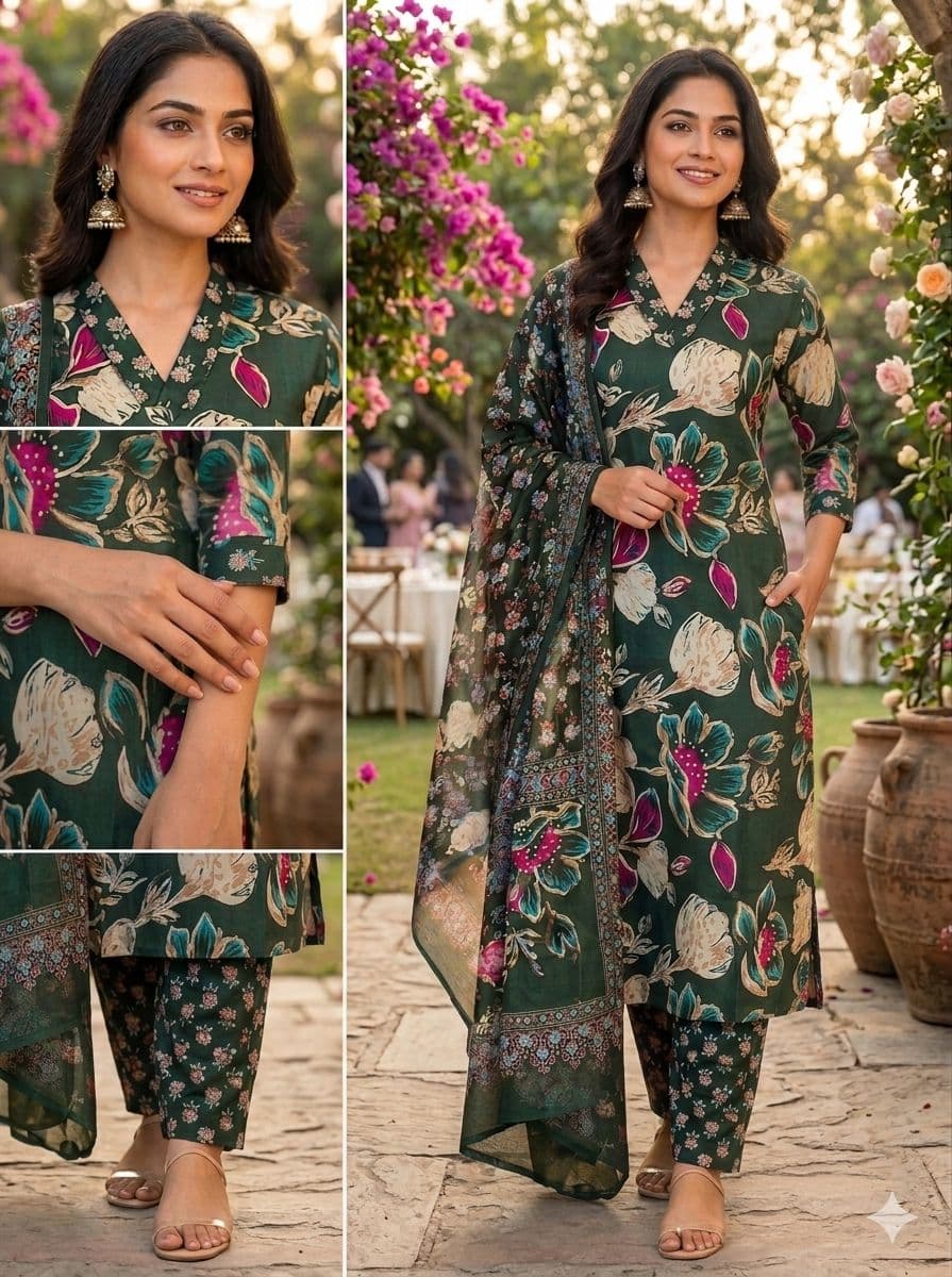 Emerald Green Floral Printed Set with Dupatta image 2